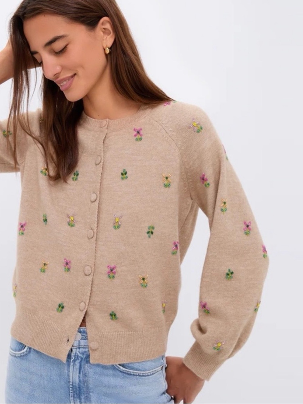 Tuckernuck Hyacinth House Multi Floral Embellished Elsie Cardigan Sweater Tan L